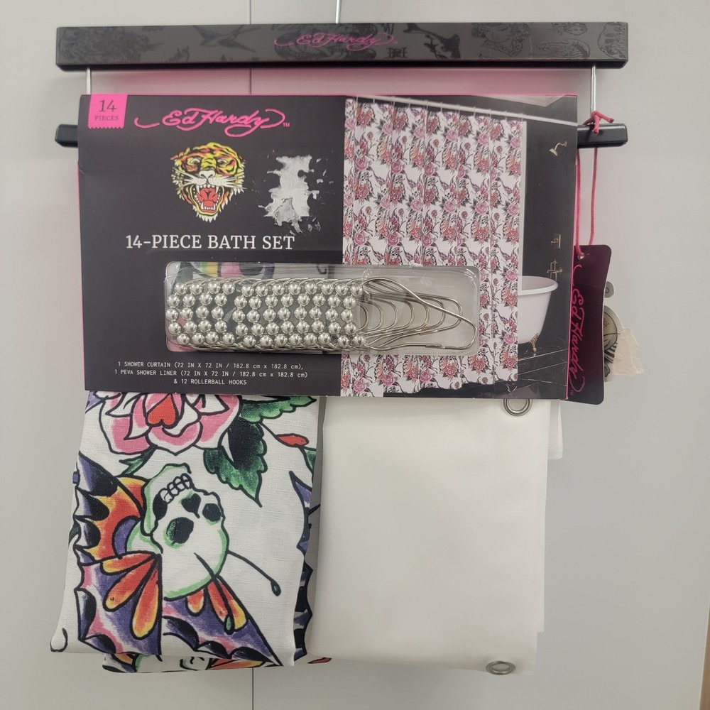 Ed Hardy 14 Piece Bath Set Skull Rose Butterfly Shower Curtain Liner Hooks New